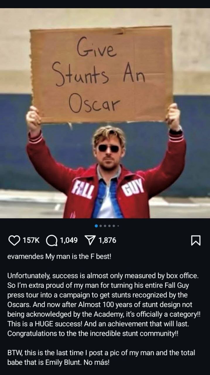 حمایت عاشقانه همسر رایان گاسلینگ از او در اینستاگرام