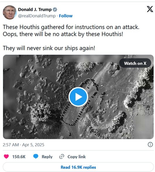 ترامپ با انتشار یک ویدئو درباره حوثی‌ها مدعی شد: اوپس، دیگر نمی‌توانند حمله کنند/عکس